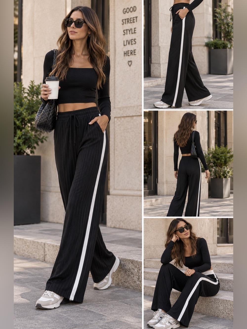 ShopEvelynne Black Wide-Leg Track Pants with White Side Stripe